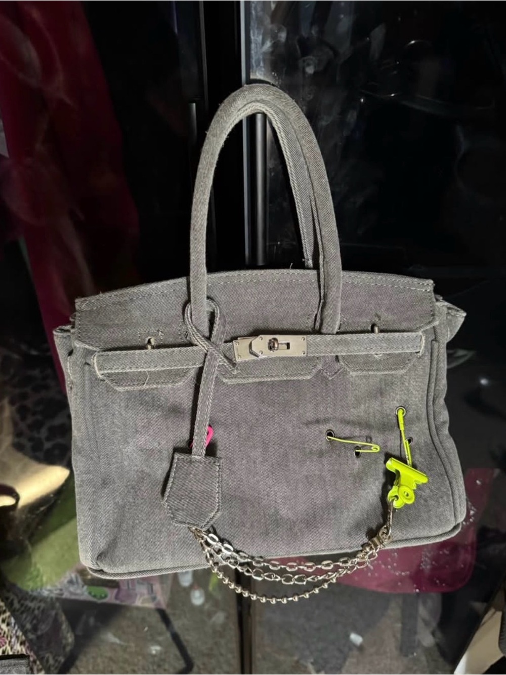 Gray Canvas Tote Bag with Chain Accent